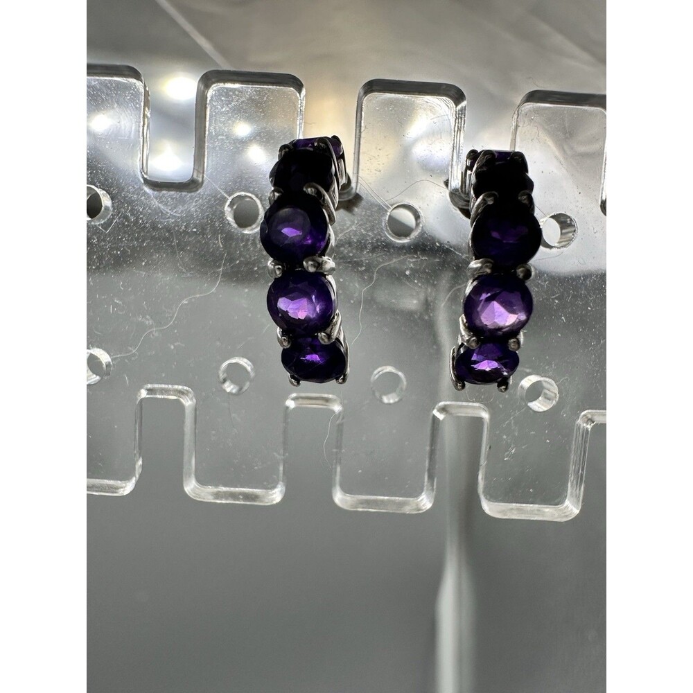 Dark Amethyst & Sterling Hoop Earrings .75 L